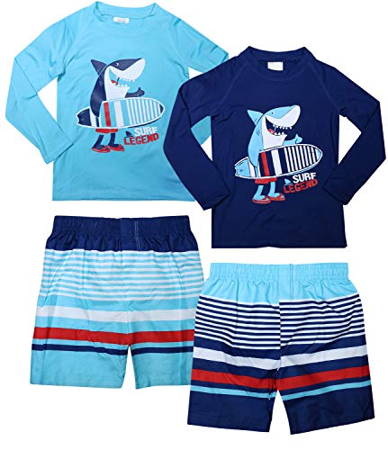 Sweet & Soft Baby Boys 4-Piece Rash Guard and Trunk Swimsuit Set (Infant/Toddler) (Surf Board Shark, 18 Months)'
