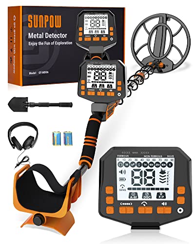 SUNPOW Metal Detector for Adults & Kids, Waterproof Adjustable Pinpoint Metal Detector, Identify 9 Types of Metals, Bigger LCD Display, 4 Modes, 10