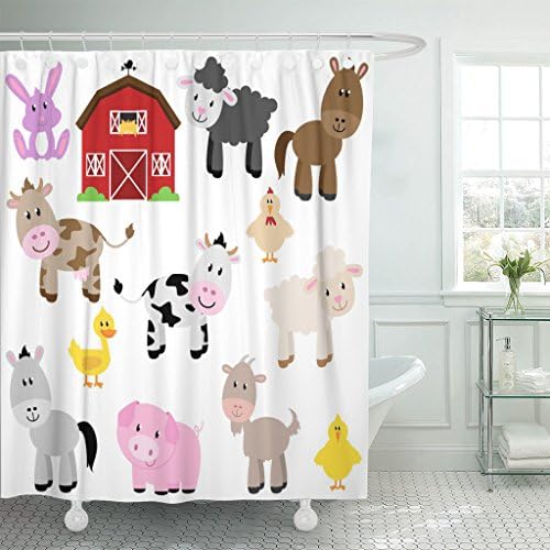 MAYTEC Shower Curtain Red Baby Collection of Cute Cartoon Farm Animals and Barn Black Barnyard Goat Waterproof Polyester Fabric 72 x 72 inches Set with Hooks