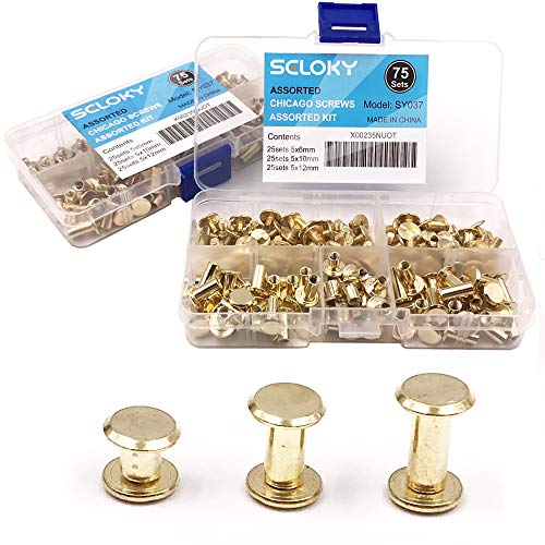 Seloky 75 Sets Gold Chicago Screws Assorted Kit 1/4 3/8 1/2 Inches Screw Posts Metal Accessories Nail Rivet Chicago Button for DIY Leather Decoration Bookbinding Round Flat Head Stud Screw