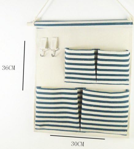 Amazon 壁掛け 小物入れ ウォールポケット フック２つ 収納ポケット４つ おしゃれ インテリア 裏防水 ボーダー 青 ウォールポケット オンライン通販