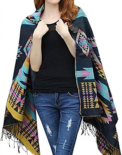 MASKAZU Women's Boho Tribal Tassel Geometric Print Cape Scarf navy