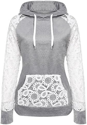 FUDITAI Women's Stylish Sheer Lace Floral Long-sleeve Hoodies Loose Pullover Sweatshirt(Grey)XL