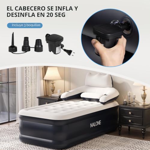 NALONE 1 Seater Inflatable Mattress with Integrated Pump, 190 x 100 x 45 cm | Self-inflating inflatable bed with built-in backrest, ideal for camping and home, comfortable for visitors and easy to store
