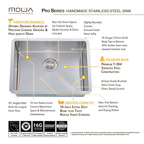 MOWA HUS2318 Pro Series R10 Tight Radius Handmade 23" 16 Gauge Stainless Steel Undermount Single Bowl Modern Kitchen Sink