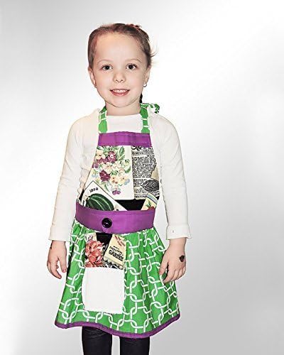 Apron by The Bedford Life: Kids / Girls S M L (Age 2-13) Garden design with seed packets &amp; flowers with green &amp; White quatrefoil 100% Cotton