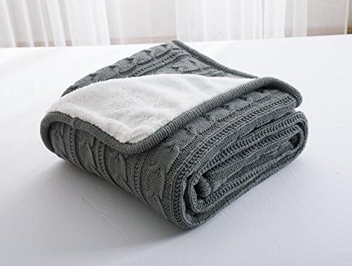Knit Throw Blanket, Fashion Handmade Twist Crocheted Sleeping Cover Blanket with Sherpa Lining (Grey, 47'' 71'')