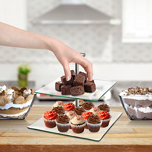 2 Tier Server - Tiered Glass Serving Stand Square Cake Plates with Metal Handle - Food Display Platter for Party and Event, Best for Appetizers, Snacks and Desserts - Thumbnail 6