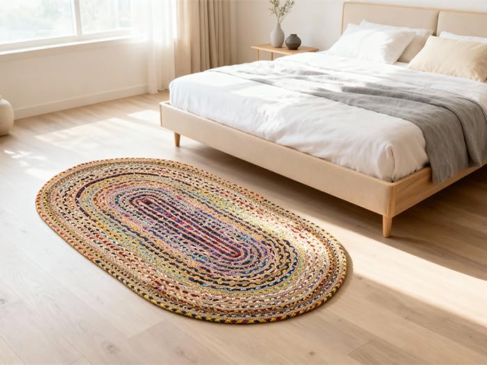 Craft Trade Chindi Jute Area Rug Braided Hand Woven Boho Rag Rug Reversible Colorful Home Decor Farmhouse Carpet Rug for Kitchen Living Room and Bedroom - Oval 90x150 cm