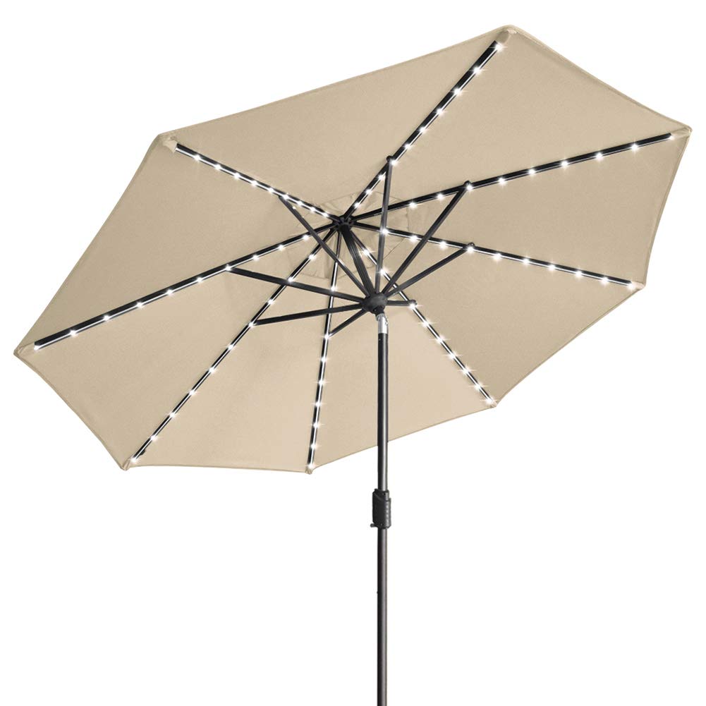EliteShade USA 10-Year-Non-Fading Solar 9ft Market Umbrella with 80 LED Lights Patio Umbrellas Outdoor Table Umbrella with Ventilation, Antique Beige