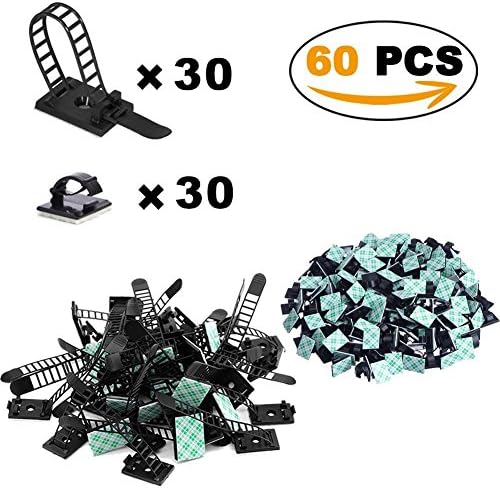 Cable Clips, Cable Wire Management, Drop Cable Clamp Wire Cord Tie Holder, Adjustable Nylon Cable Ties and Self-Adhesive Car Cable Organize for Car, Office and Home (Black 60PCS)