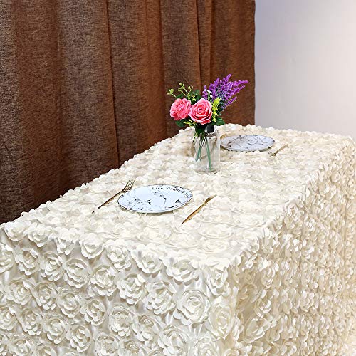 Fanqisi Ivory Rosette Tablecloth 90 x156 Inches Satin Raised Rosettes Rectangle Tablecloth for Engagement Ceremony Wedding Table Decoration