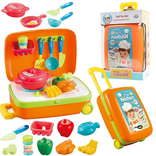 NiceBUY Cooking Kits Pretend Play Luggage Travel Set Kitchen Kits 13 PC Vegetables Fried Pan Fruit Educational Kits (Orange)