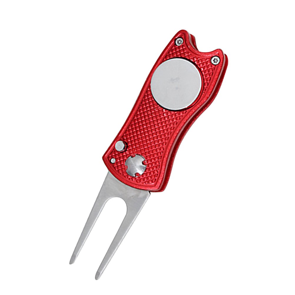 VORCOOL All Metal Stainless Steel Foldable Golf Divot Repair Tool Ball Marker Golf Pitch Fork Putting Green Repair Kit Golfer Training Accessory (Red)