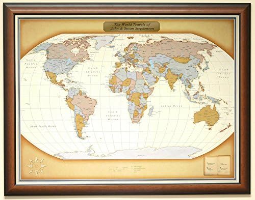 Personalized Push Pin World Travel Map with Custom Brushed Gold Plaque
