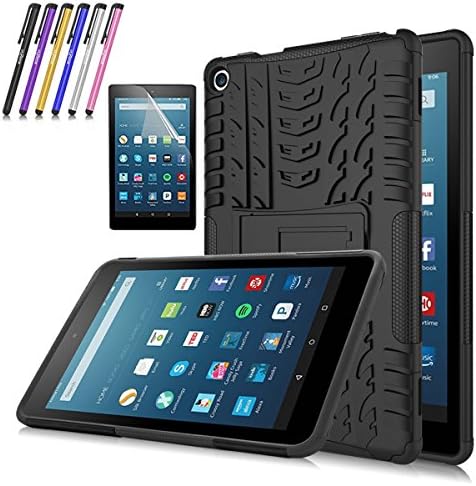 Windrew Hybrid Heavy Duty Armor Protection Cover [Anti Slip] [Built-In Kickstand] Skin Case For Amazon Fire HD 8 Tablet (Previous Generation - 6th 2016) + Screen Protector and Stylus Pen (Black)