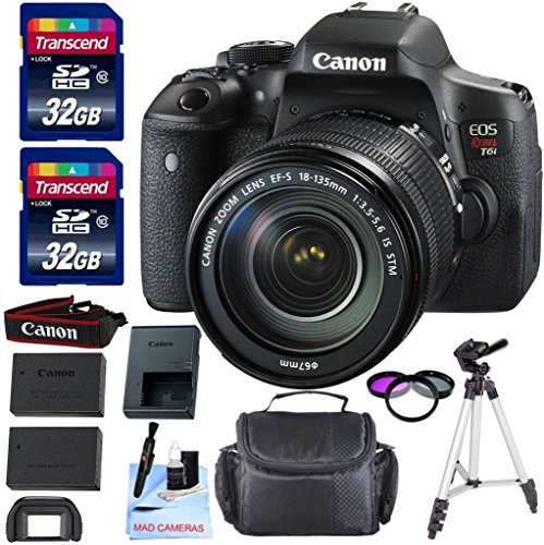 Canon EOS T6i DSLR Camera Kit + Canon EF-S 18-135mm f/3.5-5.6 IS STM Lens + 1 Year Warranty + 2 32GB Transcend SD Cards + Spare LP E17 Battery + Accessory Bundle - International Version