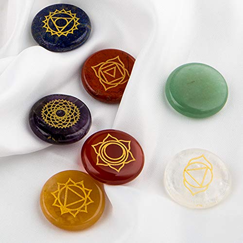 Chakra Stones,Natural Reiki Healing Crystal Chakra Stone Set Includes 7 Engraved Chakras,7 Chakra Raw Stones,Used for Yoga, Meditation, Zen, Aura Cleansing,Chakra Balance (7pcs-7pcs Raw Stones)