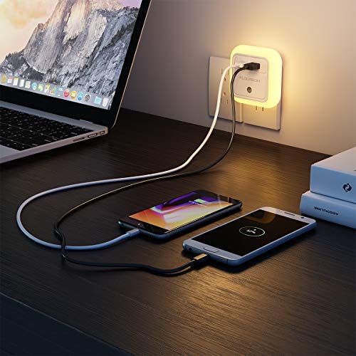 Floureon 12W 2.4A Dual USB Wall Charger Night Light Warm White LED Night Light Plug AC Adapter for iPhone X /8/7 /7 Plus/ 6S/ 6 Plus Samsung Galaxy Note 9, 8, S9, S8