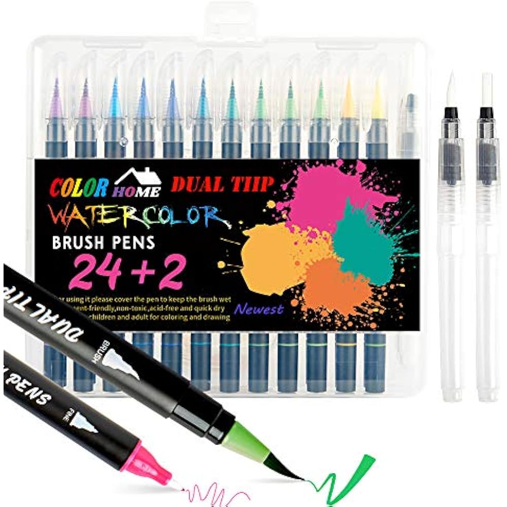 Watercolor Brush Pens,24 Colors Dual With Flexible Fiber And Fine