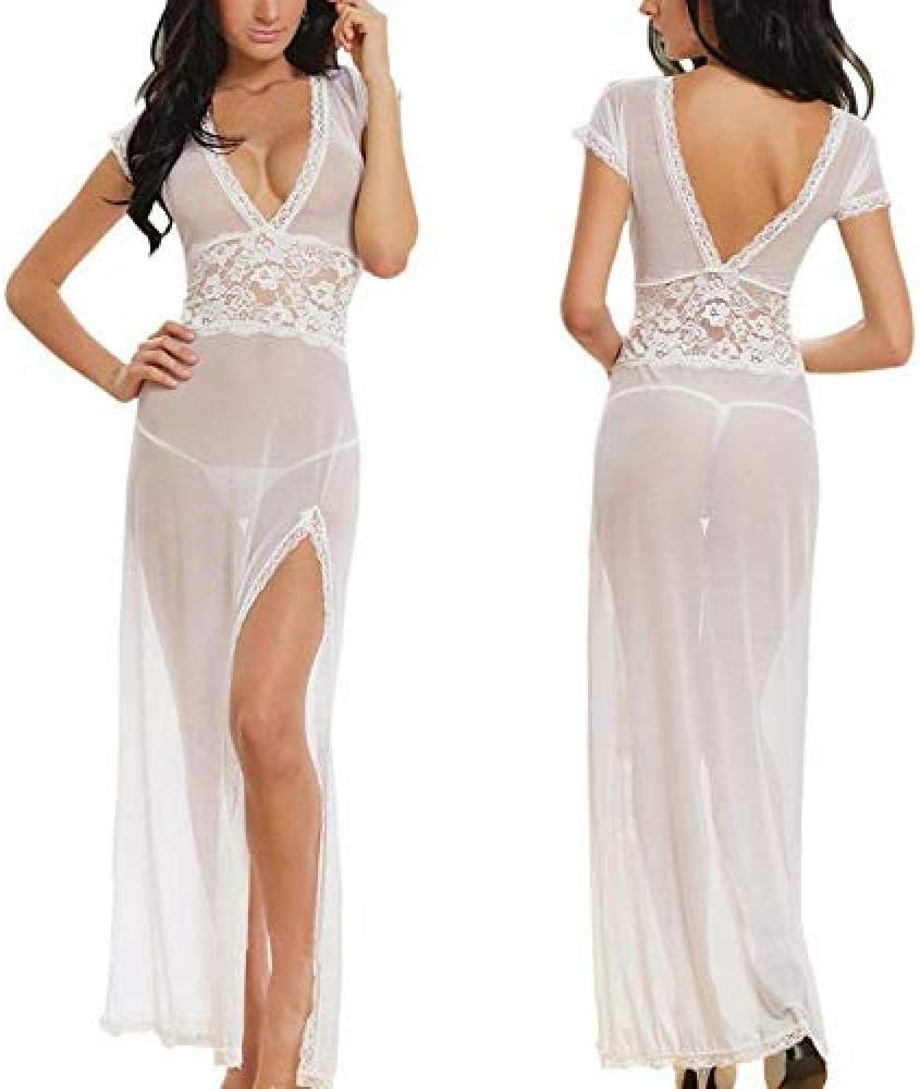 HTRP WomenBaby Dolls Sexy Long Dressing Night Gown Sheer Transparent Dress Evening Nightie Sleepwear Lingerie for Women-White_XL