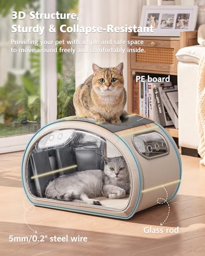 Pecute Casa Refrigerante para Gatos y Perros Pequeños, Caseta Fresca con 6 Cajas de Gel Reutilizables, Alfombrilla Refrigerante, Ventana Transparente Plegable, Tamaño M <6kg para Interior, Beige.