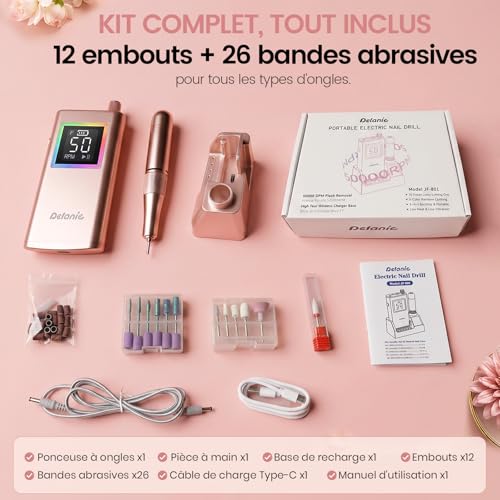 Delanie Ponceuse pour ongles Électrique Professionnel 50000 RPM avec Station de Recharge, Lime à Ongles Sans Fil pour Ongles en Acrylique Épais, 10 Heures d'autonomie, Fonction Pause, Incl. 12 Embouts