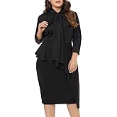 LALAGEN Women's Plus Size Long Sleeve Peplum Tie Neck Bodycon Pencil Midi Dress