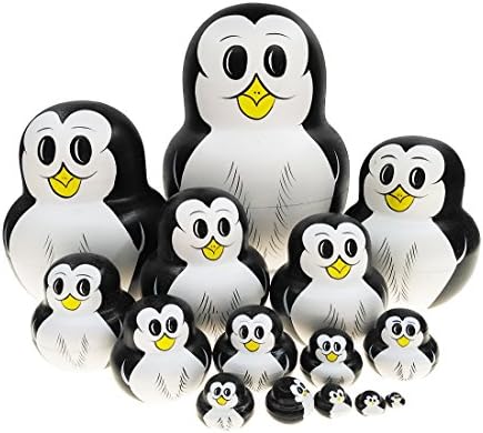 Arsdoll Cute Black and White Penguin Animal Nesting Doll Wooden Matryoshka Russian Doll Handmade Stacking Toy Set 15 Pieces For Kids Girl Mother's Day Gifts Home Decoration