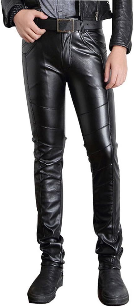 Moonwalk Men's Faux PU Leather Skinny Slim Fit Straight Leg Metallic Biker Pants Black