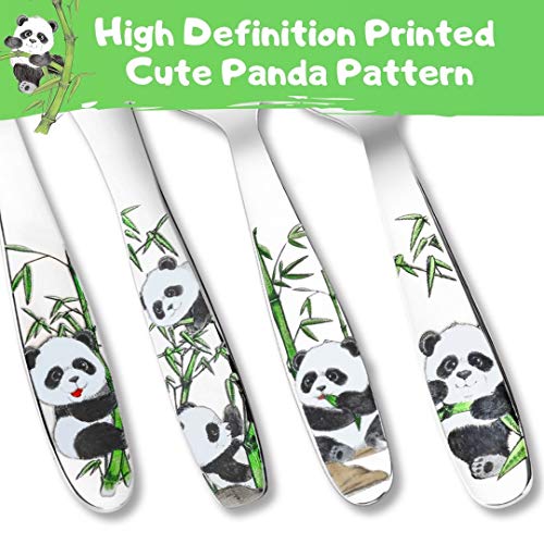 Kids Silverware Toddler Utensils Set Cute Panda 18/8 Stainless Steel Child Self Feeding Learning Cutlery Premium Fork Spoon and Knife Set 4 Pcs Baby Safe Flatware with Gift Box