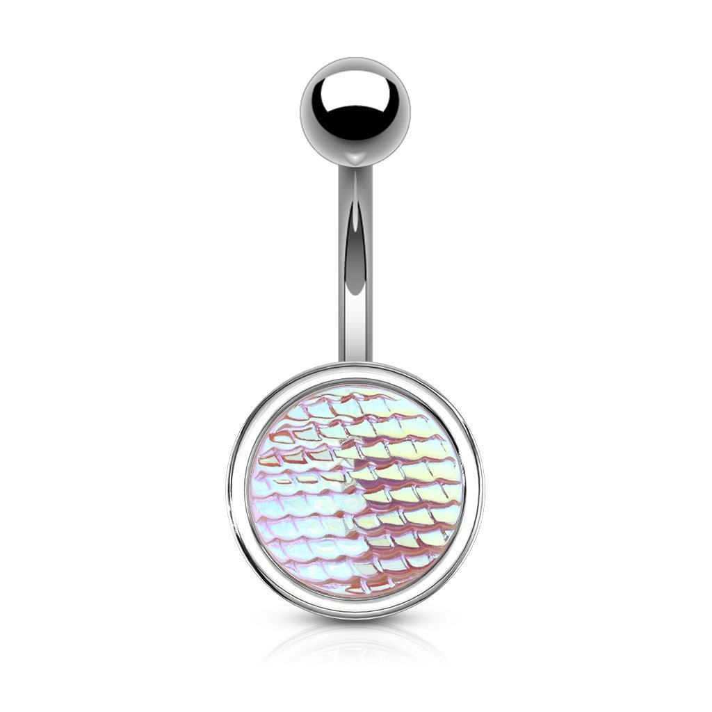 PiercedOff 316L Surgical Steel Belly Bar with Holographic Pink Dragon Scales - Thickness 14GA (1.6mm) / Length 10mm / Ball Size 5mm and 12mm for Lower Disc
