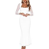BORIFLORS Women's Ruched Bodycon Long Sleeve Maxi Dress Mesh Square Neck Cocktail Party Long Dresses