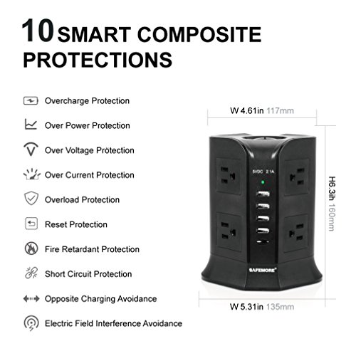 SAFEMORE Smart Power Plug Surge Protector Power Strip Tower 8-Outlet 4-USB Desktop Charging Station Multiple Plug Outlets with 6.5ft/2M Long Power Cord 110V Outlet Tower (Black)