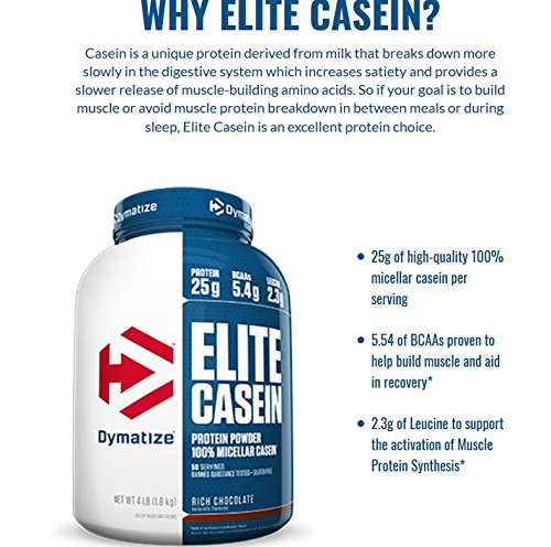 Dymatize Elite Casein Protein Powder, Slow Absorbing with Muscle Building Amino Acids, 100% Micellar Casein, 25g Protein, 5.4g BCAAs & 2.3g Leucine, Helps Overnight Recovery, Smooth Vanilla, 2 Pound