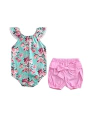 Apparel: 0-3T Baby Girl Ruffle Sleeve Stretchy Collar Floral Romper+Bowknot Short Pants Outfit (2-3 Years, Green)
