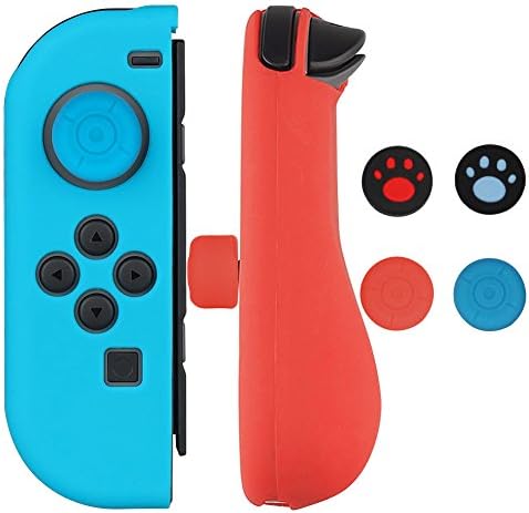 Kindax Silicone Cover Gel Guards for Nintendo Switch Joy-Con Controller with 4 Free Anti-slip Thumb Grips Caps (Red &amp; Blue)
