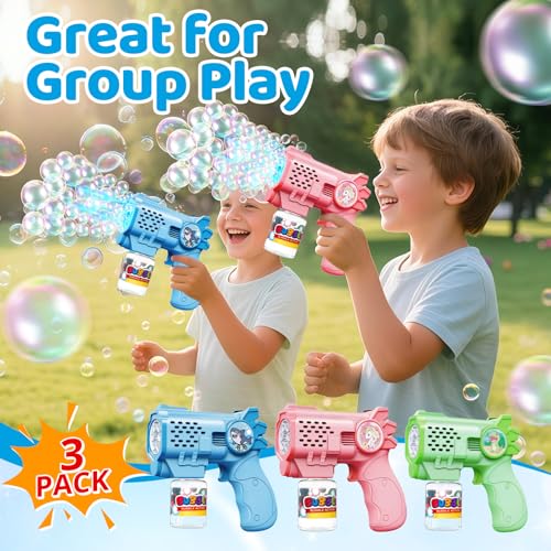 Tecnock 3 Pack Automatic Bubble Guns for Kids, 12 AA Batteries Included, 3 Solution Bottles and 5 Refills, Lightweight, Leak-Proof, Birthday and Party Gift