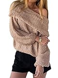 Persun Women Khaki Off Shoulder Chunky Long Sleeve Knitted Sweater