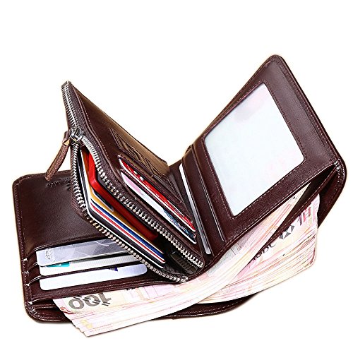 Men's Genuine Cowhide Leather Extra Capacity Bifold Wallet with Zipper Coffee