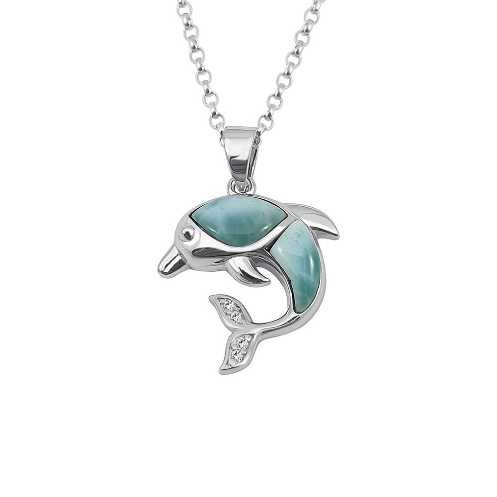 Kiara Jewellery 925 Sterling Silver Dolphin With CZ Pendant Necklace Inlaid With Natural Larimar on 18" Sterling Silver Trace Or Belcher Chain. Rhodium Plated.