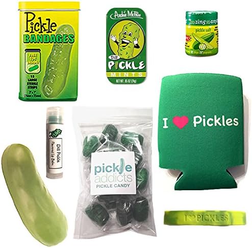 Extreme Pickle Lovers Gift Pack (8pc Set) - Pickle Bandages, Lip Balm, Mints, Stress Pickle, Can Cooler Insulator, Candy, Wristband & Dill Pickle Salt