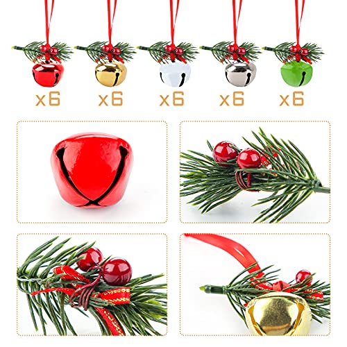 MCPINKY Christmas Bells, 30PCS Craft Bells Jingle Bells with Holly Leaves Berries for Gift Wrapping Christmas Tree Decor