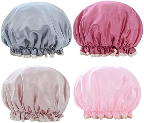 4 Pack Shower Cap, Solid Color Double Layer Waterproof Bathing Caps, Mold Resistant Lined Elastic Band Large Travel Shower Caps