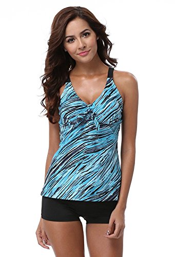 Attraco Women's Oceanic Stripes Two Piece Swimsuit Tankini for Women Aqua 18