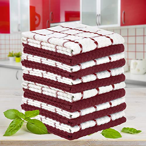 Talvania Kitchen Towels 100% Cotton Dobby Weave Terry Towel Set, 12 Pack Soft and Absorbent Multipurpose Dish Cloth, Hand Towel and All Kitchen Cleaning 15" X 25" Machine Washable (Red Pear & White)