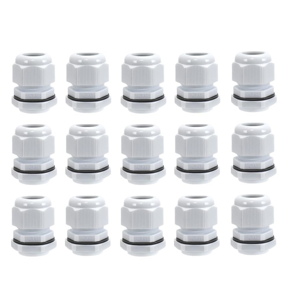 15 Pack M20 20mm IP68 Waterproof Black Cable Glands, Suitable for 6mm - 12mm Cables, Plastic Nylon Compression Glands Connectors with Locknut and Washer - AVARTEK (White)