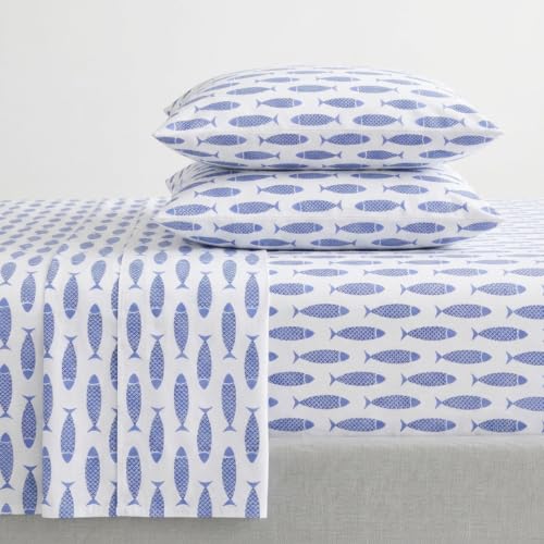 Nautica – Parure de lit pour lit Double, literie en Percale de Coton, decoration dinterieur cotiere (Motif Poisson Bleu, lit Double)