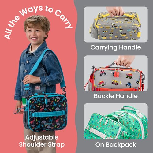 Bentgo Kids Lunch Bag - Double-Insulated, Reusable Lunch Bag for Kids 3+ with Adjustable Strap; Holds Lunch Box/Water Bottle/Snacks; Easy-Clean, Water-Resistant & Pockets (Trucks)