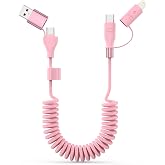 Car Carplay Cable, Coiled USB C and Lightning Cable 2-in-1, 60W 3A USB-C to Lightning Cable Type C to USBC Fast Charging Cord for Cell Phones/Tablets, Support iPhone CarPlay &amp; Android Auto, 4FT/Pink